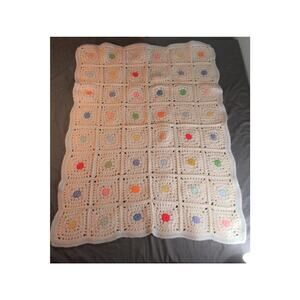 Hand Crocheted Lap Baby Blanket Afghan Granny Square White Pastel 31”X41” Throw